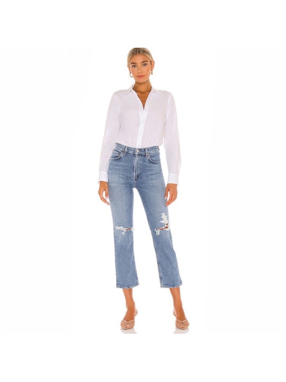 Agolde Wilder High-Rise Straight Leg Distressed Jeans - Light Blue- Size 29